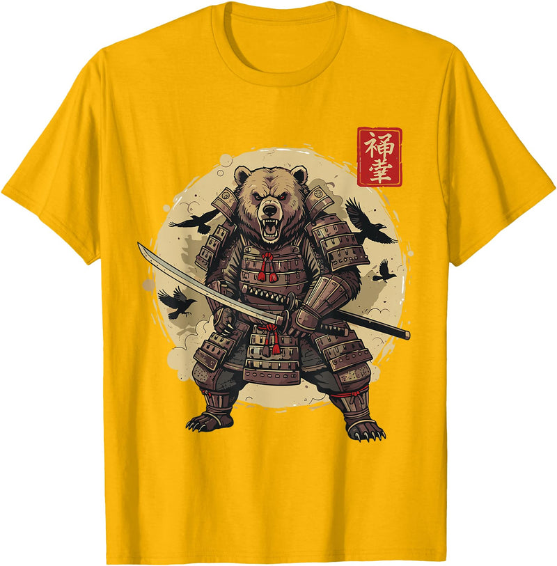 Anime Shirts For Men Women Kids Gifts Samurai Bear Shirt Warrior Vintage Graphic Japanese Men T-Shirt - Golden Yellow