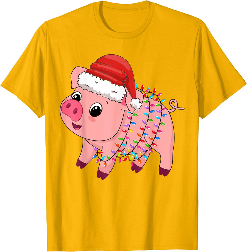 Pig Christmas Gifts Men Women Kids Co. Christmas Lights Pig Wearing Xmas Hat - Pig Lover Farmer T-Shirt - Golden Yellow
