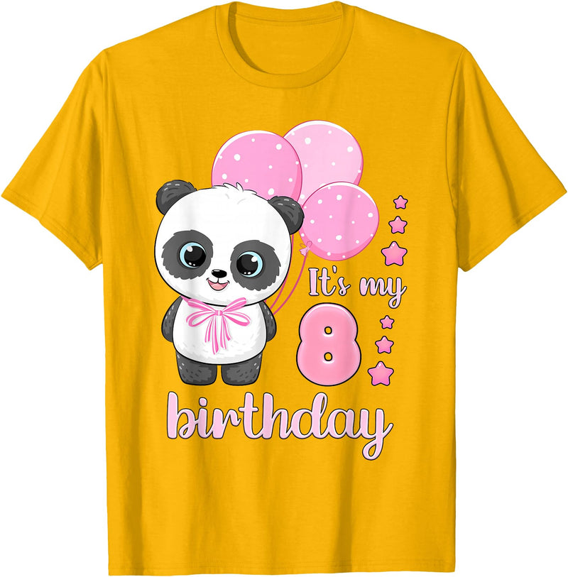 Birthday Gifts for Girls by Content Design Studio Birthday Girl 8 Panda Pink Balloons T-Shirt - Golden Yellow