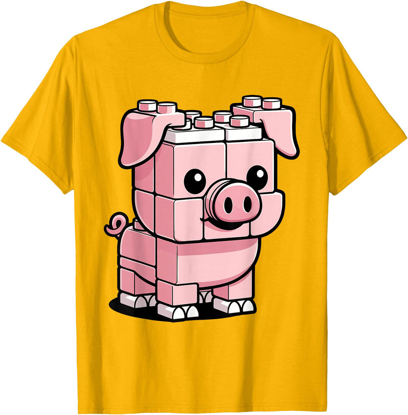 BlockPals DM Funny Pink Brick Pig Building Blocks Farm Animal Character T-Shirt - Golden Yellow