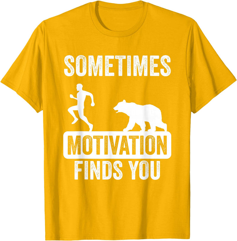 Mens Sometimes Motivation Finds You Garment Mens Sometimes Motivation Finds You Camping Bear Design T-Shirt - Golden Yellow