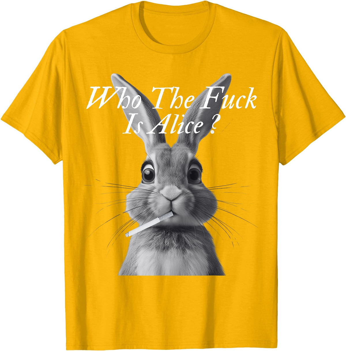 Retro Who the F_ck Is Alice Funny Rabbit T-Shirt in Golden Yellow