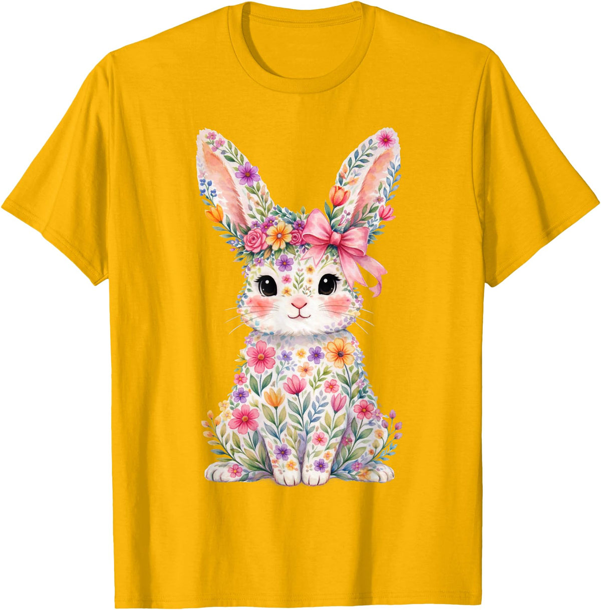 Cute Pink Flower Bunny Rabbit Happy Easter Women Girls T-Shirt in Golden Yellow