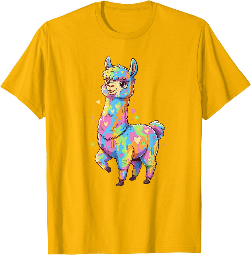 Rainbow Llama Love Pastel Hearts Kawaii Colorful Rainbow Heart Llama Kawaii Cute T-Shirt - Golden Yellow