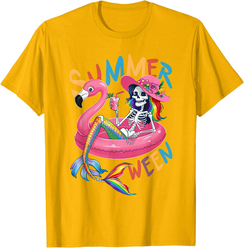 Summer Halloween Summerween Summerween Mermaid Skeleton Flamingo Summer Halloween Women T-Shirt - Golden Yellow