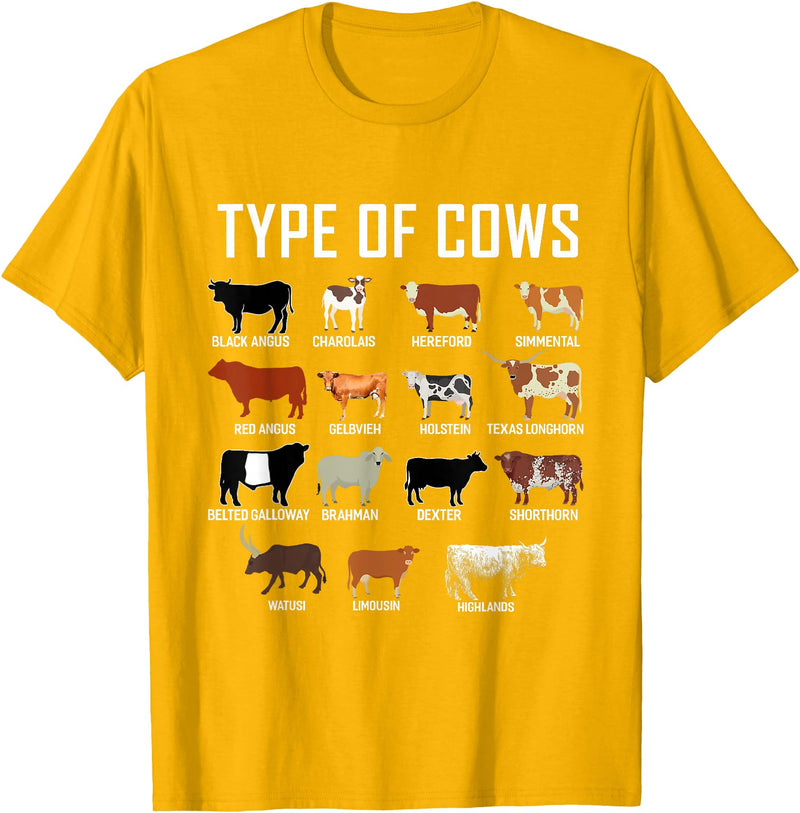 COW Designs By ShirtZilla Types of Cows Shirt Farmer Tee Shirt Costume Cow T-Shirt - Golden Yellow