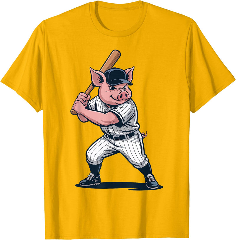 Pig Animal Baseball Lovers Graphic Funny Pig Playing Baseball Artwork Vintage Animal Baseballer T-Shirt - Golden Yellow