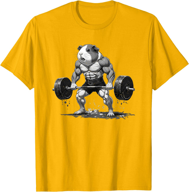 Strong Guinea Pig Lifting Fitness Workout Cool Muscular Guinea Pig Bodybuilder Fitness Power Gym T-Shirt - Golden Yellow