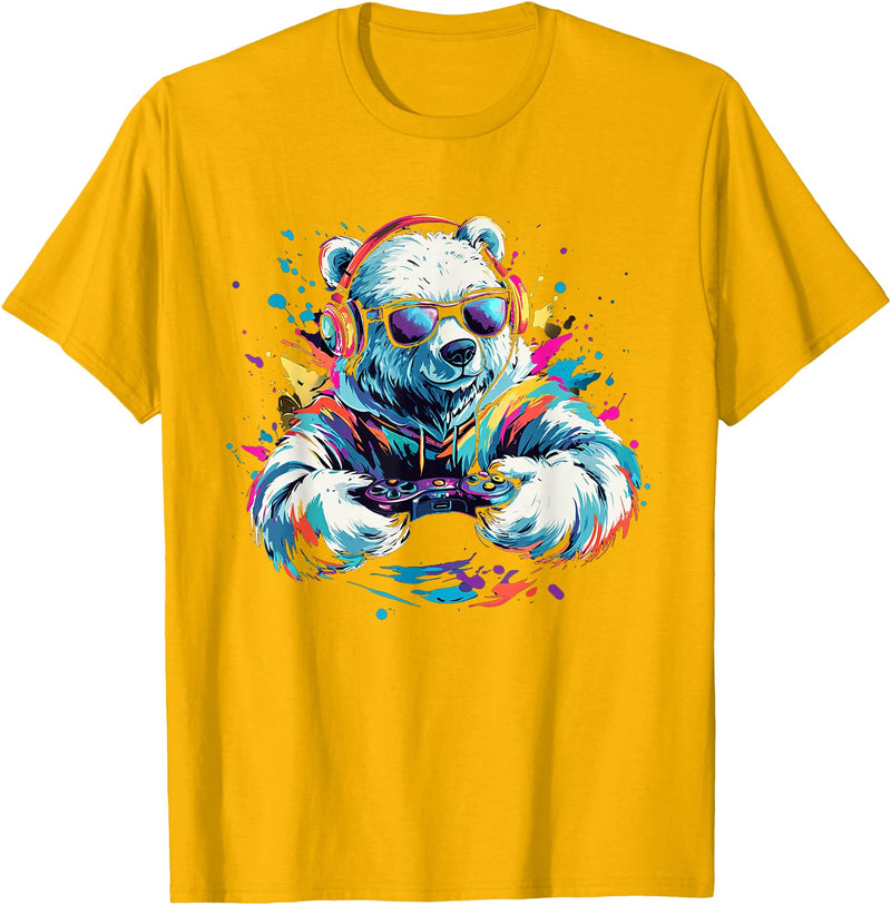 Colorful artistic polar bear gamer animal motifs Gaming Polar Bear Colorful Headset Art Gamer Polar Bear T-Shirt - Golden Yellow