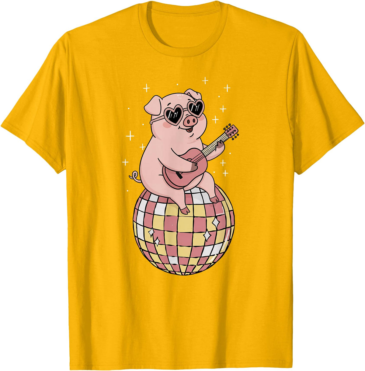 DiscoballAxis1 Funny Pig Disco Dancing Ball Groovy Retro 80s Costume T-Shirt - Golden Yellow