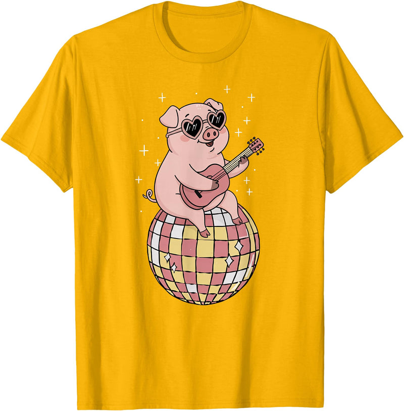 DiscoballAxis1 Funny Pig Disco Dancing Ball Groovy Retro 80s Costume T-Shirt - Golden Yellow