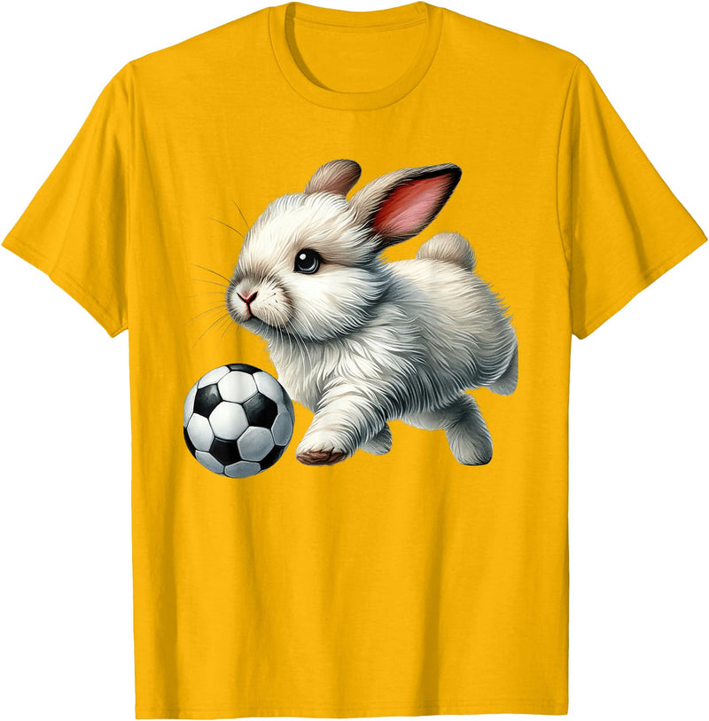Cute Bunny Soccer Player Rabbit Kicking Ball T-Shirt in Golden Yellow