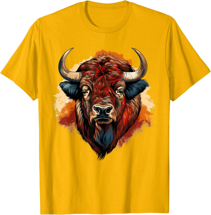 Safari Animal Art Buffalo Portrait Bison Drawing Splash Artwork Animal Print T-Shirt - Golden Yellow