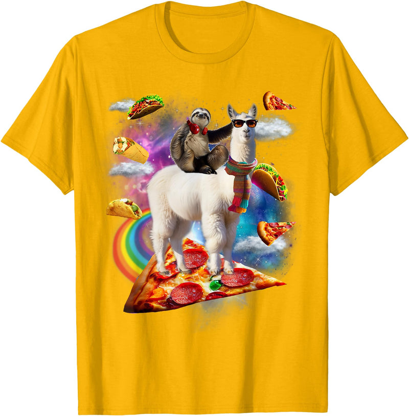 Funny Rainbow Sloth Llama in space Co. Sloth Llama Galaxy Pizza Taco Burrito Rainbow Funny Surreal T-Shirt - Golden Yellow