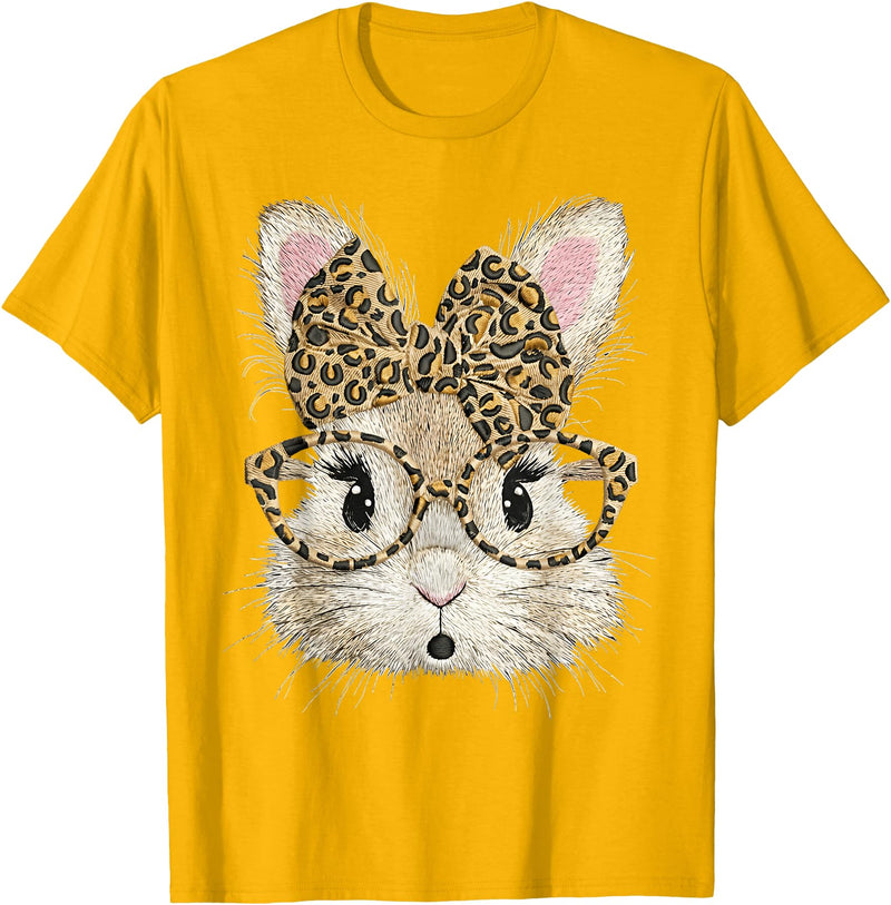 Funny Bunny Face Glasses Bandana Leopard Rabbit Happy Easter T-Shirt in Golden Yellow