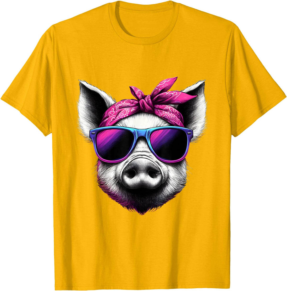 Fashionable Animals Wearing Pink Bandanas Pig Wearing Pink Bandana Headband and Sunglasses T-Shirt - Golden Yellow