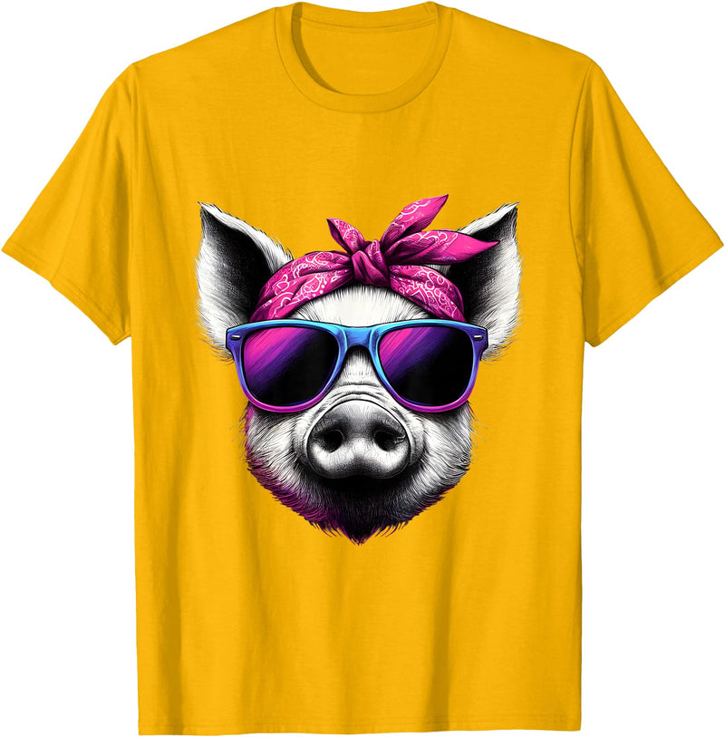 Fashionable Animals Wearing Pink Bandanas Pig Wearing Pink Bandana Headband and Sunglasses T-Shirt - Golden Yellow