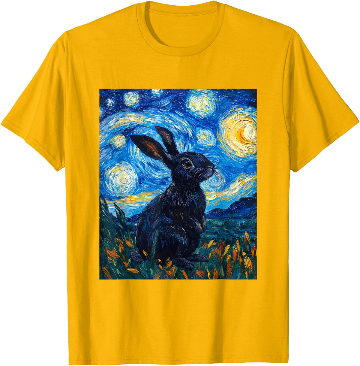 Bunny Rabbit Van Gogh Style Starry Night Cute Graphic T-Shirt in Golden Yellow