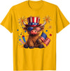 Funny Highland Cow Graphic Tee Men Women Highland Cow 4th of July Vintage American Flag T-Shirt - Golden Yellow