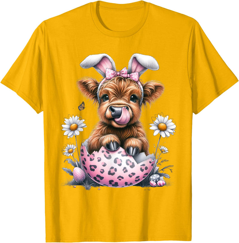 Funny Cow Easter Rabbit Cute Highland Cows Lover Easter Day T-Shirt - Golden Yellow