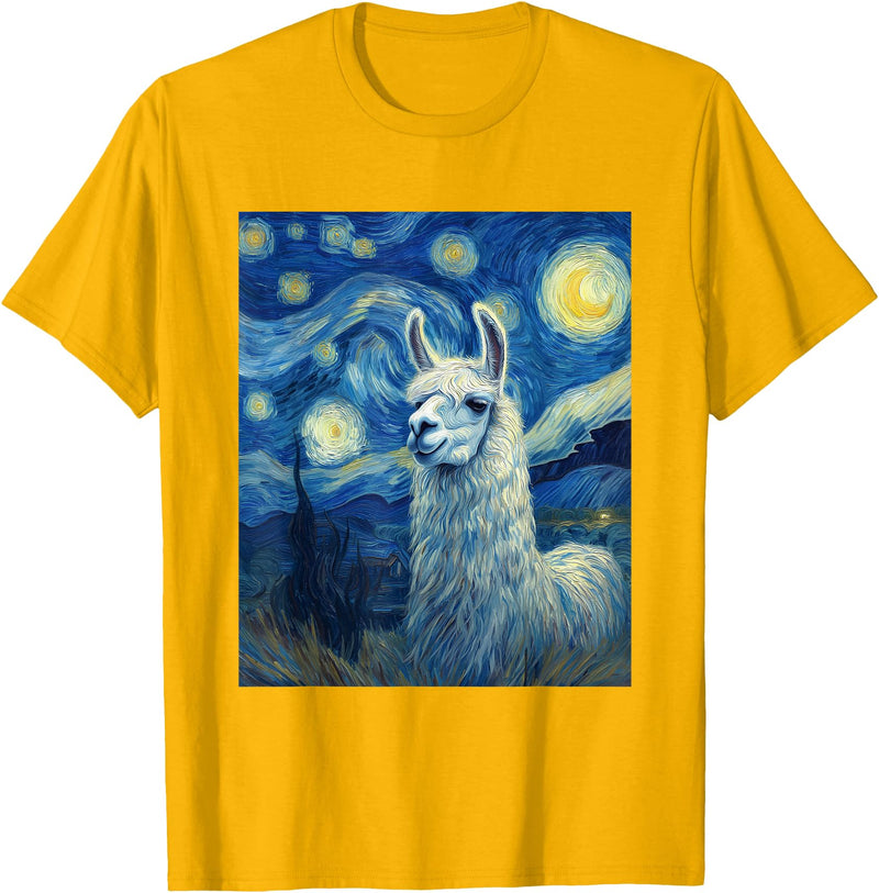 Llama Designs. Llama Alpaka Van Gogh Style Starry Night Funny Graphic T-Shirt - Golden Yellow