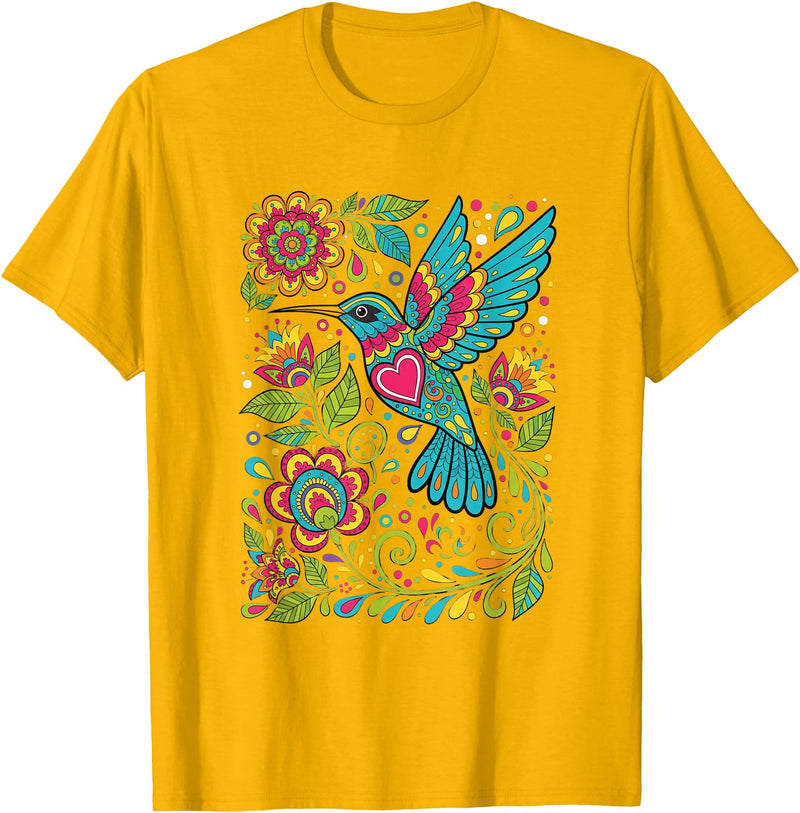 FolkFlight Design Co Bird Hummingbird Floral Folk-Art Colorful T-Shirt - Golden Yellow