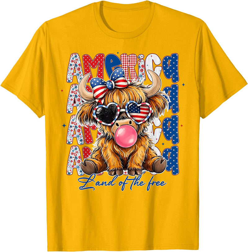 Cute Cow Creations Highland Cow 4th of July, Patriotic Cowgirl Bow Design T-Shirt - Golden Yellow