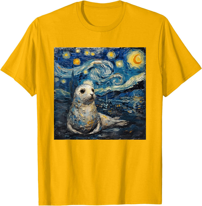 Seal Sea Lion Lover Co Seal Sea Lion Van Gogh Style Starry Night T-Shirt - Golden Yellow