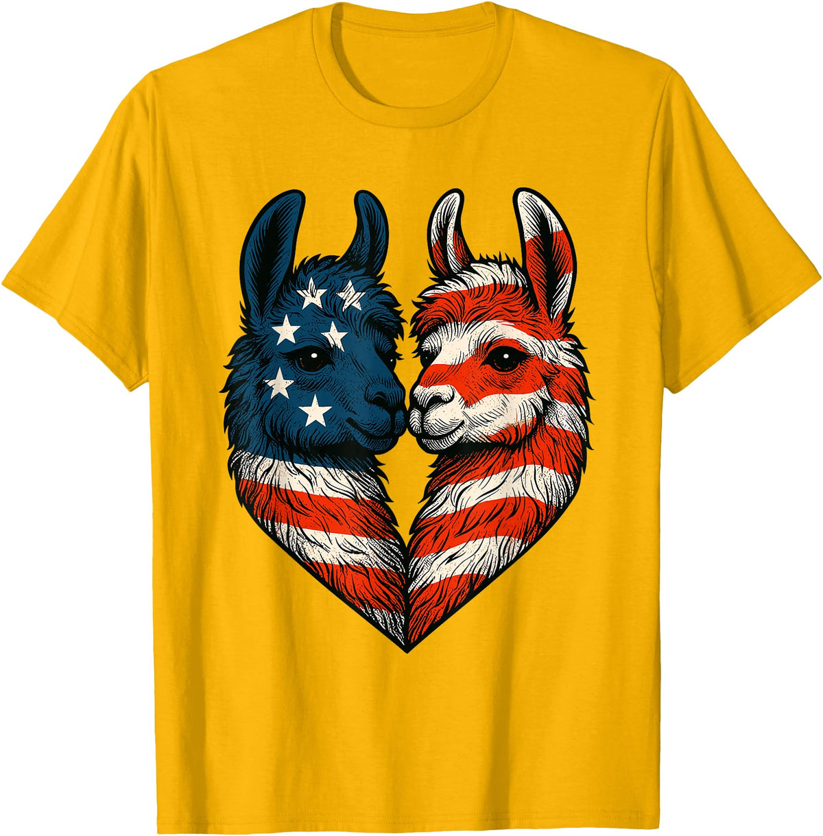 Fourth of July Clothing Co. Patriotic Llamas Heart American Flag 4th of July Graphic T-Shirt - Golden Yellow