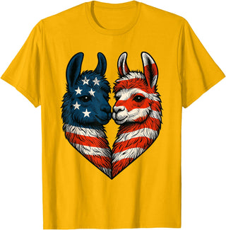 Fourth of July Clothing Co. Patriotic Llamas Heart American Flag 4th of July Graphic T-Shirt - Golden Yellow