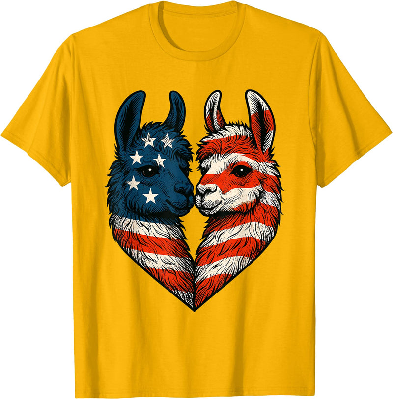 Fourth of July Clothing Co. Patriotic Llamas Heart American Flag 4th of July Graphic T-Shirt - Golden Yellow