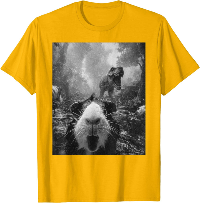 Vintage Cute Guinea Pig Bootleg Streetwear Graphic Funny Guinea Pig Selfie with T-Rex Dinosaur Dino Graphic T-Shirt - Golden Yellow