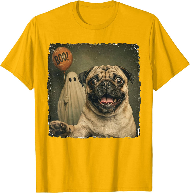 Issebl Dog Pug Lover Funny Pug Halloween Ghost Selfie Dog Funny T-Shirt - Golden Yellow