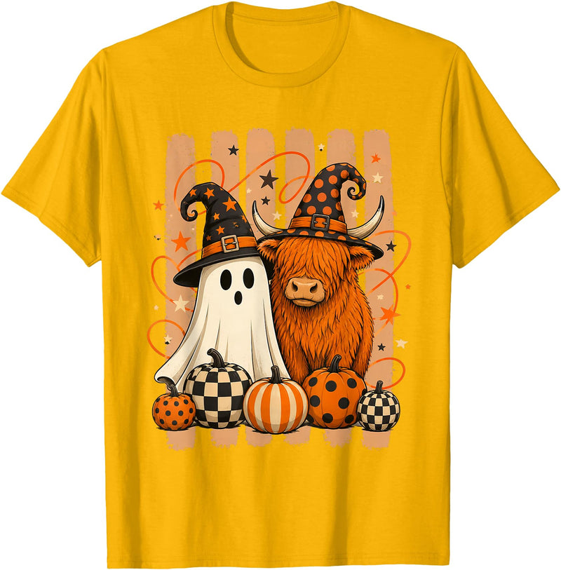 Spooky Highland Cow Heifer Funny Halloween Spooky Season T-Shirt - Golden Yellow