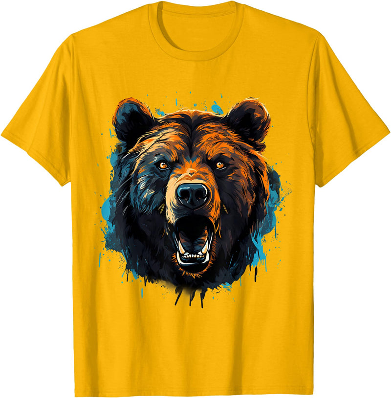 Forest Animal Art Bear Portrait Splash Forest Artwork Animal Lovers Motif T-Shirt - Golden Yellow