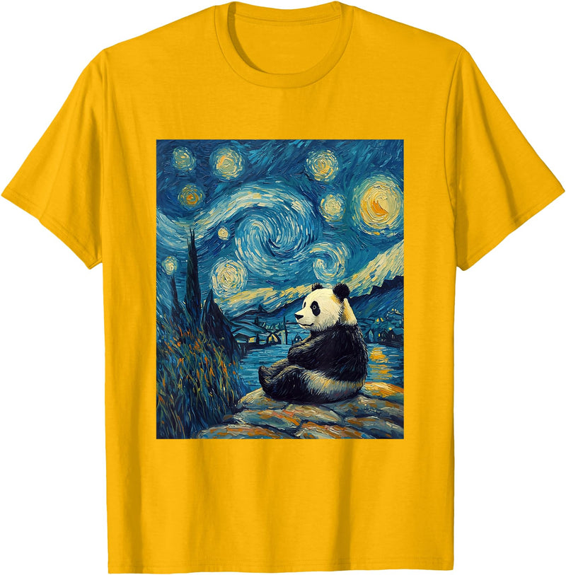 Bear Designs. Cute Panda Bear Van Gogh Style Starry Night Graphic T-Shirt - Golden Yellow