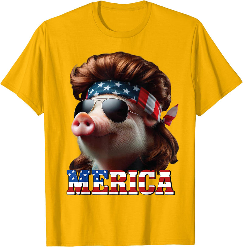 Funny Mullet Farm Pig Patriotic Pig Merica Mullet 4th of July And Father's Day Man Funny T-Shirt - Golden Yellow