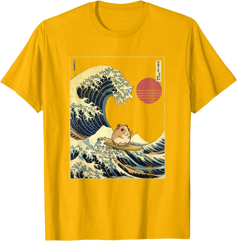 Hamster Kanagawa Wave Funny Surf Animal T-Shirt - Golden Yellow