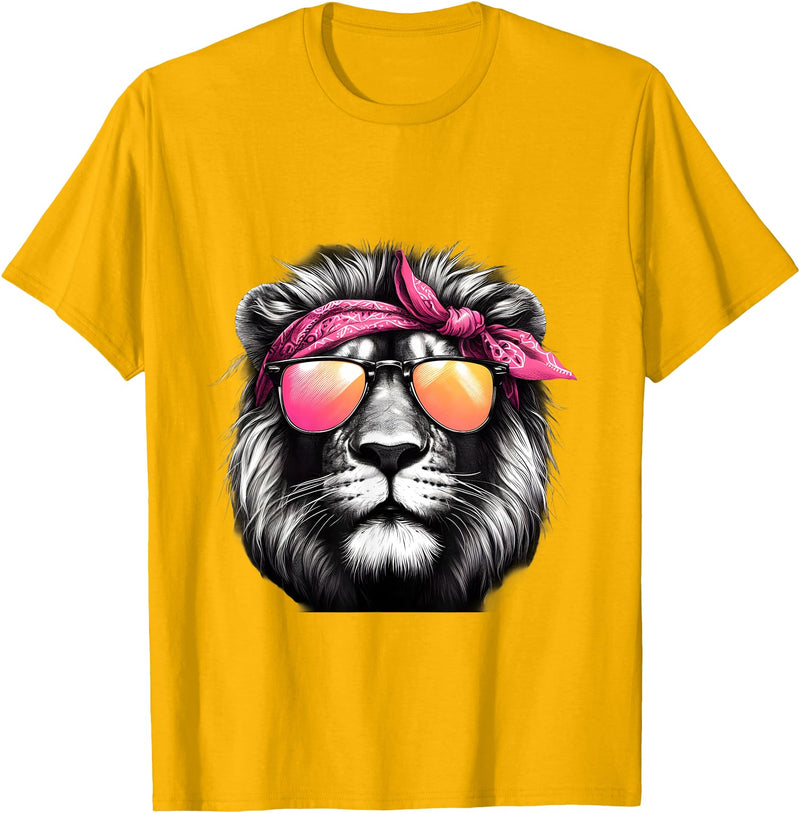Fashionable Animals Wearing Pink Bandanas Lion Wearing a Pink Bandana Headband and Sunglasses T-Shirt - Golden Yellow