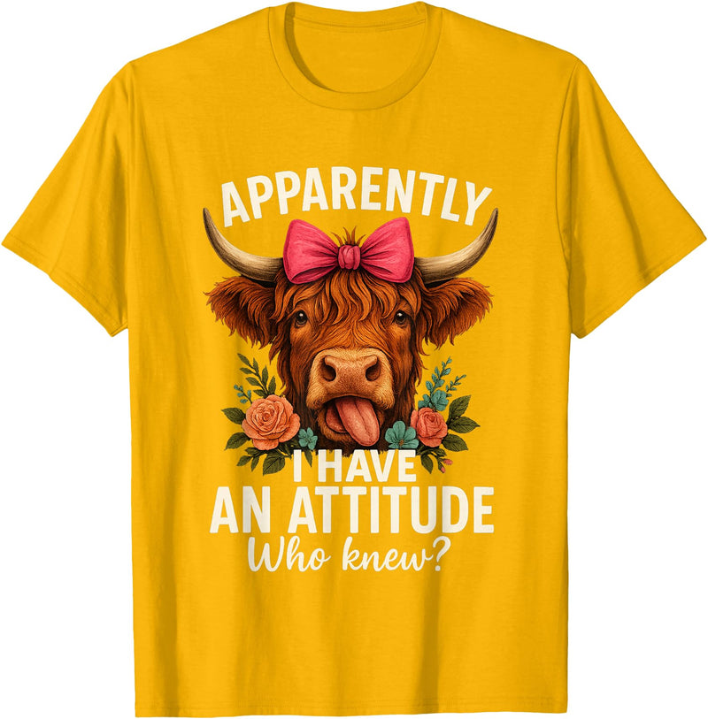 Mother's Day Gifts by LD Apparently I Have an Attitude Who Knew Sarcasm Highland Cow T-Shirt - Golden Yellow