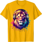 Funny Animal With Headphones Lion With Headphones T-Shirt - Golden Yellow