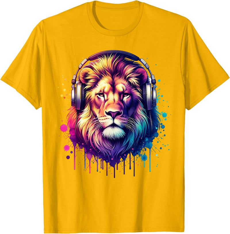 Funny Animal With Headphones Lion With Headphones T-Shirt - Golden Yellow