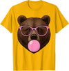 Bear Face Wearing Glasses Apparel For Women ladies Cute Bear Face Eating Gum and Makes Bubble Funny Bears Women T-Shirt - Golden Yellow