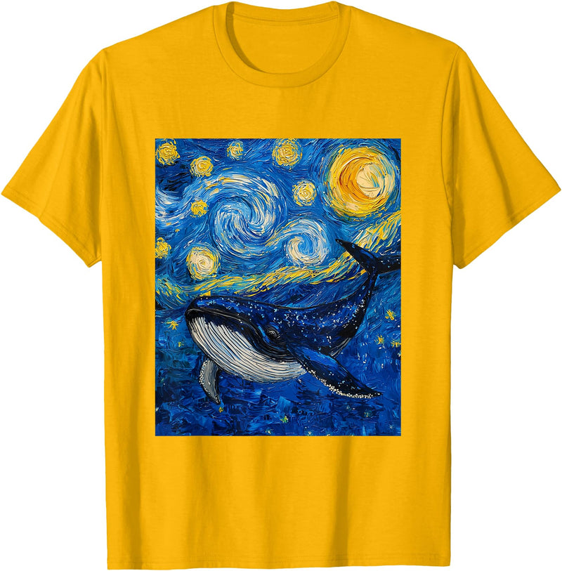 Whale Designs. Whale Fish Van Gogh Style Starry Night Sea Graphic T-Shirt - Golden Yellow