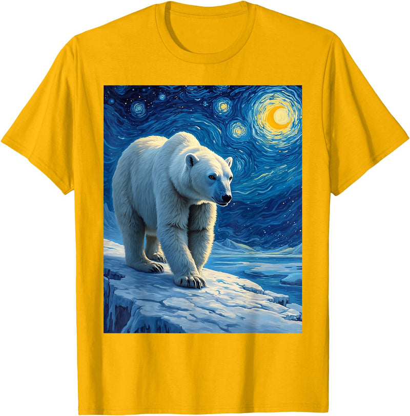 Polar Bear Van Gogh's Starry Night Wildlife Art Van Gogh's Starry Night Polar Bear Ice Bear Animal Lovers T-Shirt - Golden Yellow