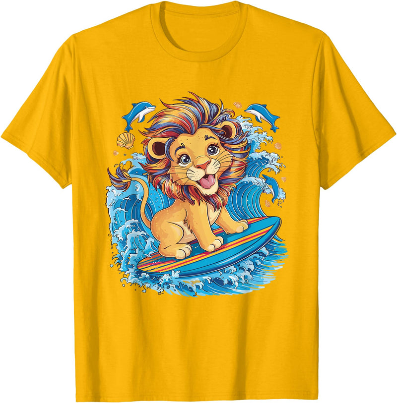 Cute Lion surfing gifts Cute Surfing Lion Riding the Waves T-Shirt - Golden Yellow