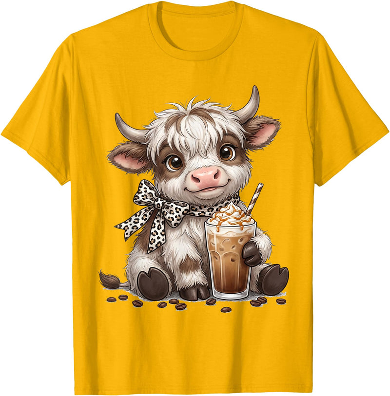 Funny Highlander Cow Drinking Coffee Lover Designs Highland Cow Drinking Iced Coffee Lover Funny Animal Meme T-Shirt -