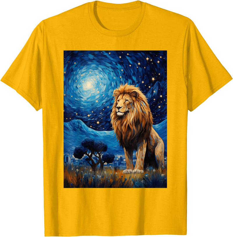 Painting Style Lion Lover Lion Starry Night Van Gogh Style Graphic T-Shirt - Golden Yellow