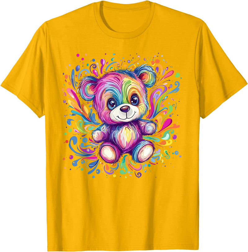Vibrant Colorful Teddy Bear Illustration Rainbow Splash Teddy Bear T-Shirt - Golden Yellow