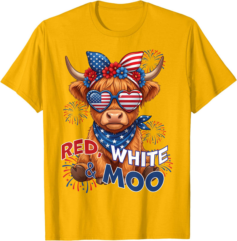 Red White Moo Patriotic Highland Cow 4th July Red White and Moo Highland Cow 4th July 250 Years Patriotic T-Shirt - Golden